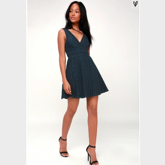 You Complete Me Navy Blue Lace Skater Dress - Picture 3 of 7